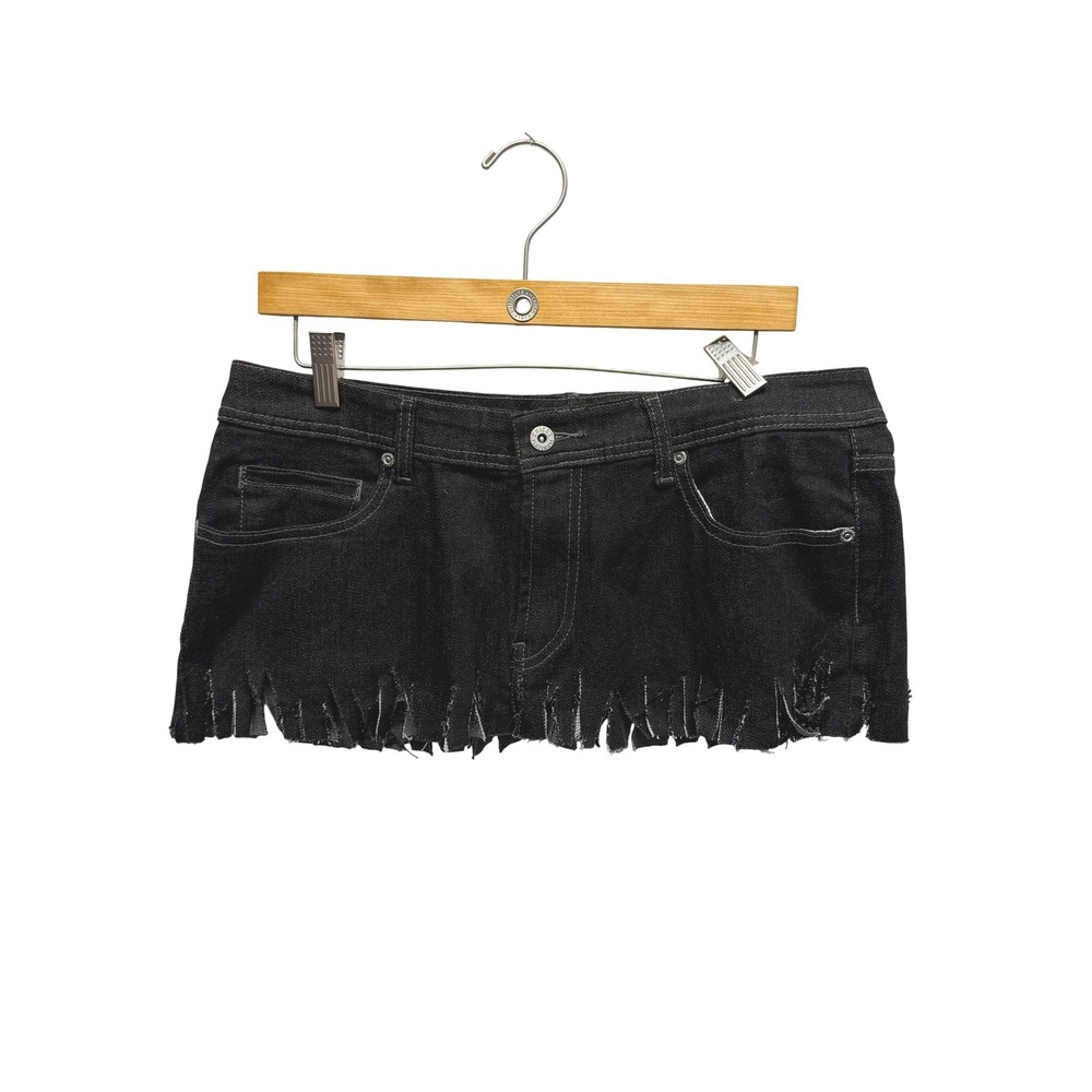 Chico's Platinum Black Denim Micro Mini Skirt Fringed Distressed Size 2T READ